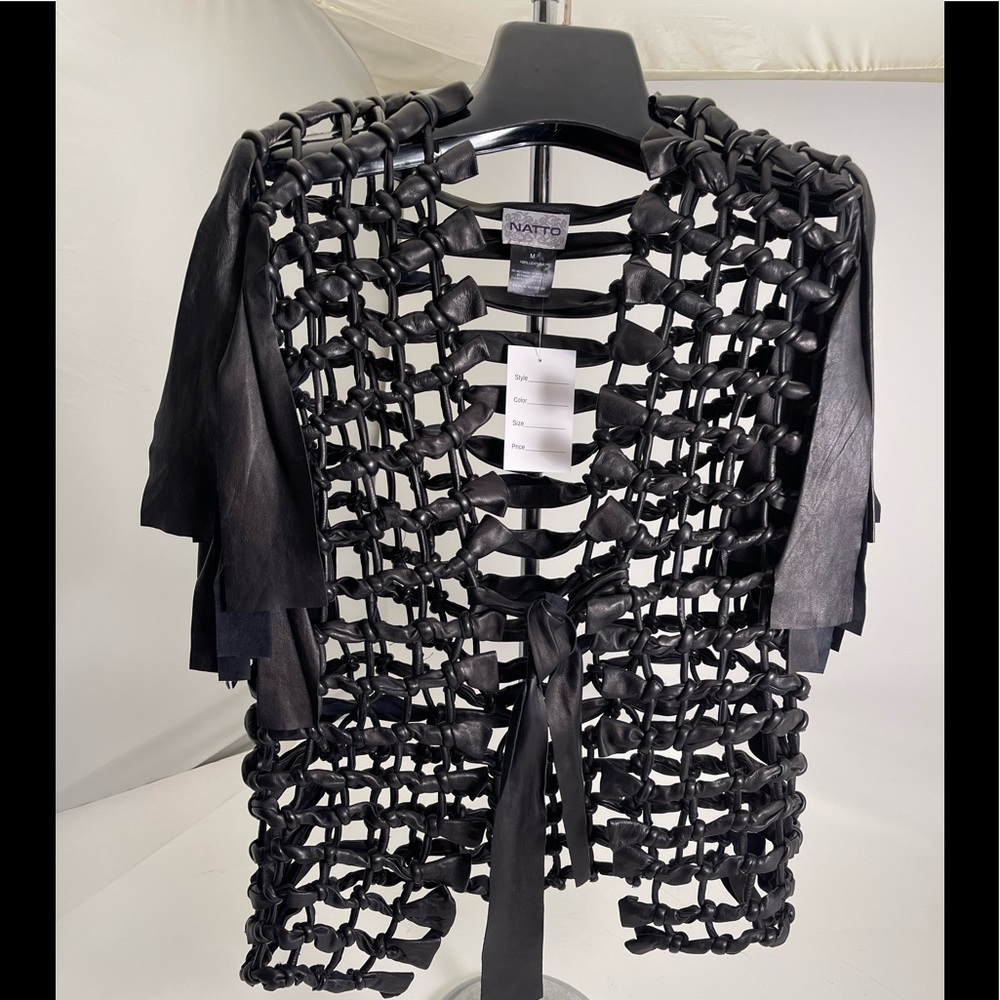 Hand knotted lambskin leather vest, one-of-a-kind. A piece of art. Black OS